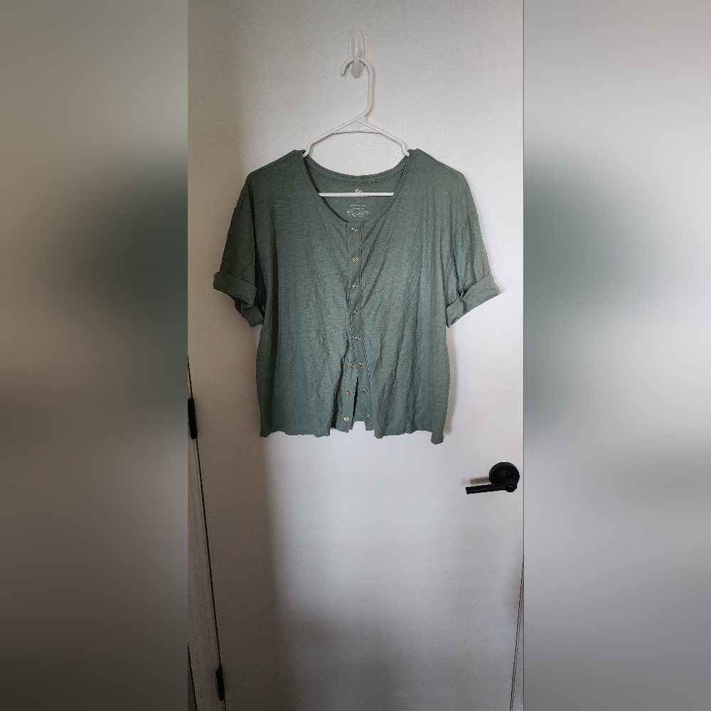 SO Olive Button-Down Women Top